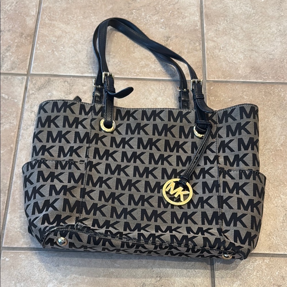Michael Kors Black and Gray Monogram Tote with Leather Handles